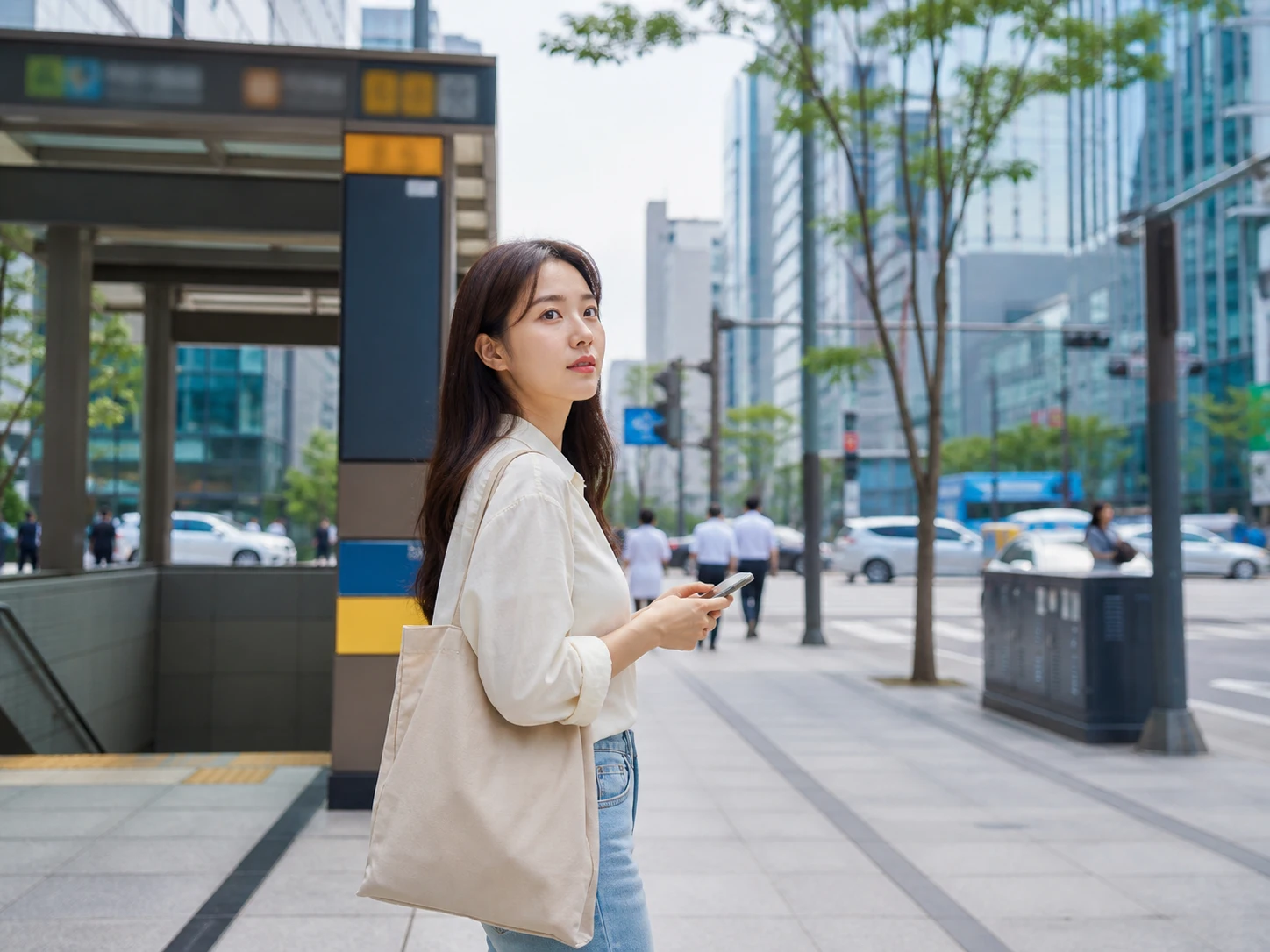 신논현역 주변 도심에서 방향을 확인하는 모습